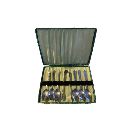 Vintage Boxed Chrome-Plated Six Teaspoons and Sugar Tongs Set, 7-Piece, Art Deco Scroll, High Tea