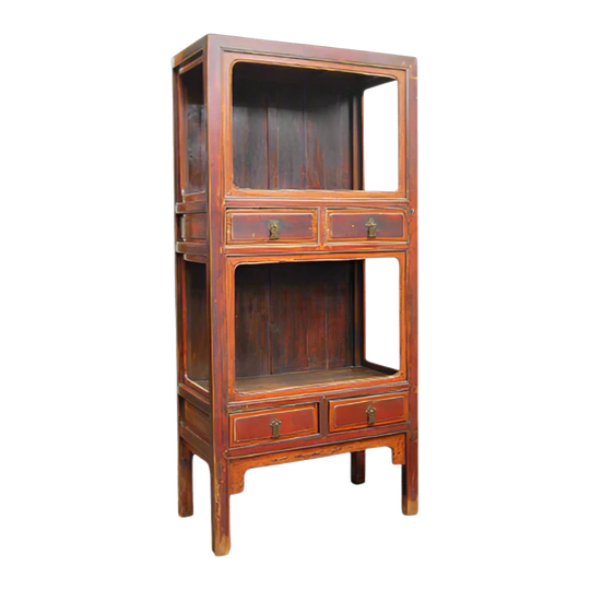 19th-Century Chinese Scholar’s Cabinet, Reddish Lacquered Elm, Pine & Camphor with Bronze Hardware