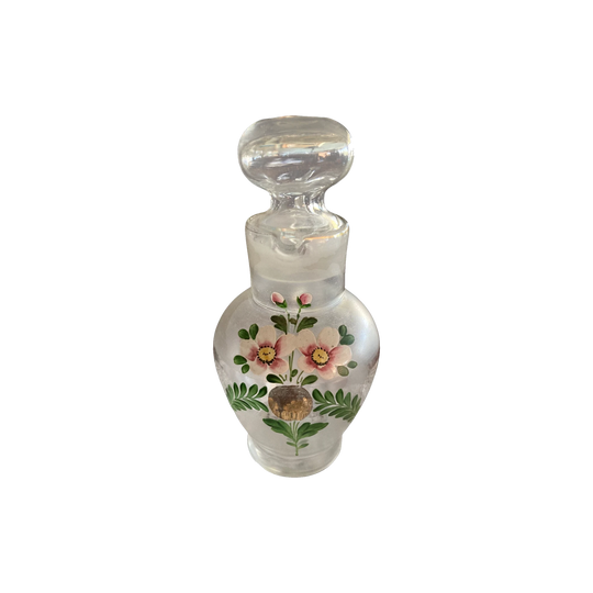 Victorian Hand-Blown Frosted Glass Claret Jug / Pitcher with Hand-Painted Pink Blossoms and Original Stopper