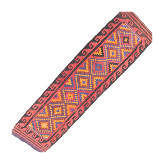 Handwoven Red Kilim Hall Runner with Multicoloured Geometric Pattern – 380 x 105 cm