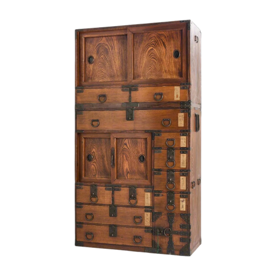 Meiji Period Japanese Two-Piece Chōba-dansu Shop Storage Chest in Zelkova, Paulownia and Cypress with Copper Hardware