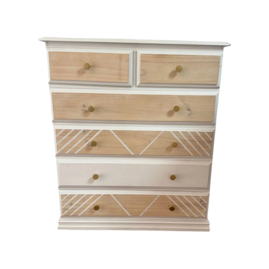White & Natural Timber Tallboy Chest of Drawers with Geometric Fronts and Brushed Gold Knobs – Coastal / Hamptons / Boho