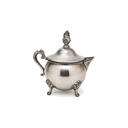 Vintage Silver-Plated Lidded Sugar Bowl, Hong Kong — Finial Lid, Floral Tripod Feet, Engraved Spout