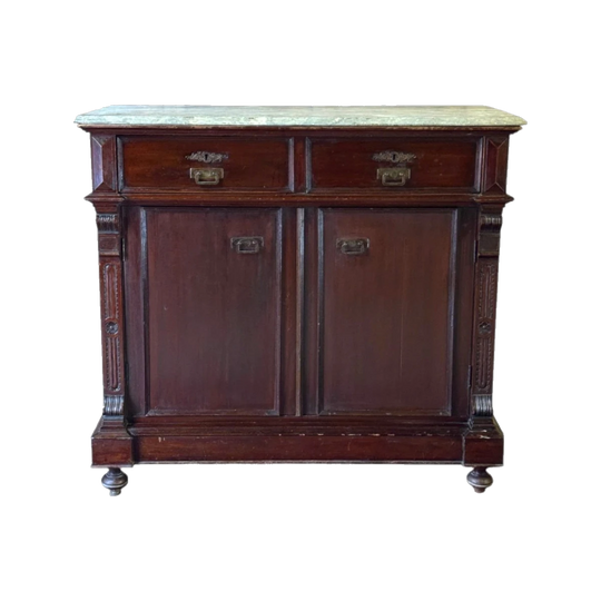 Late 19th–Early 20th Century French Empire–Influenced Mahogany-Stained Cabinet with Grey-Veined Marble Top
