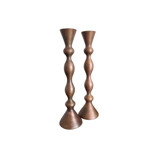 Pair of Post-Modern Turned Copper Candle Holders, Burnished Finish, 31 cm