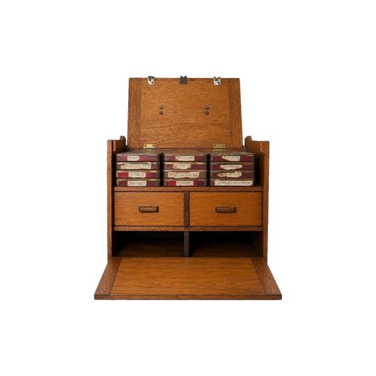 Vintage Stamp Collection Writer’s Box Oak Desk Organizer Storage Chest