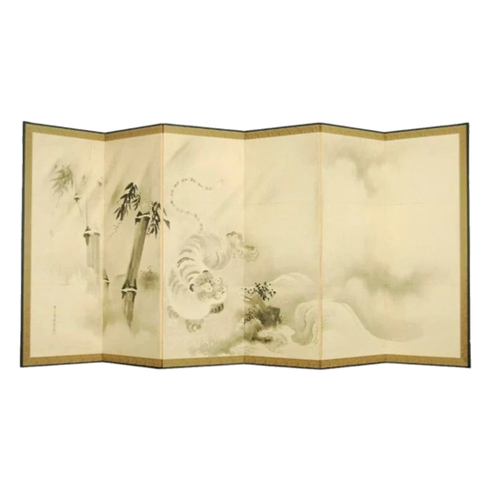 Antique Japanese Kano School Six-Panel Tiger Screen by Yosenin Karenobu (1753–1808), Late 18th Century