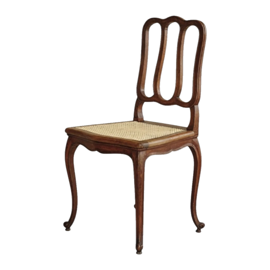 Set of Eight Vintage French Provincial Dining Chairs – Timber, Hand-Woven Cane Seats, Scalloped Backs, Carved Cabriole Legs, French-Polished
