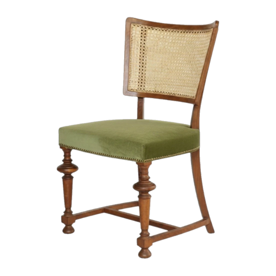 Set of Eight Post‑WWII Italian Oak Dining Chairs, Early–Mid 1950s – Velvet Upholstery & Hand‑Woven Cane