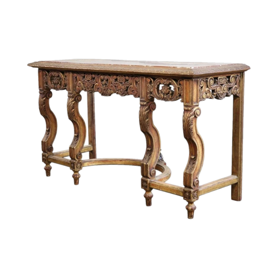 Louis XIV Style Carved Giltwood Console Table with Marble Top and Stretcher Base