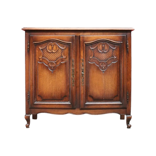Antique French Country Oak Narrow Two-Door Hall / TV / Shoe Storage Cabinet, c.1920