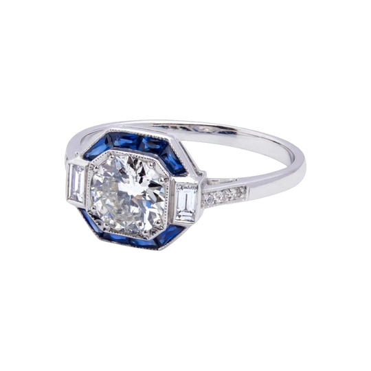 Art Deco Style 18ct White Gold Diamond & Sapphire Ring, 0.90 ct G/SI2 Centre, Total Diamond 1.13 ct, Size N / 7 / 54