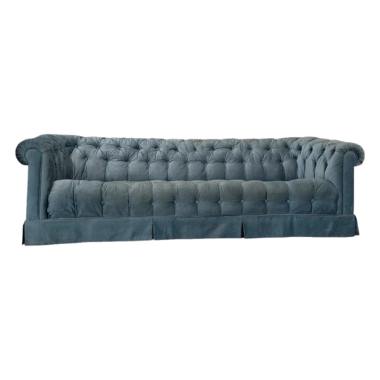 Antique Chesterfield Sofa in Blue Crushed Velvet with Serpentine Front