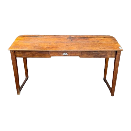 Large Antique Clerk/School Sloped-Top Desk in Solid Wood with Drawer