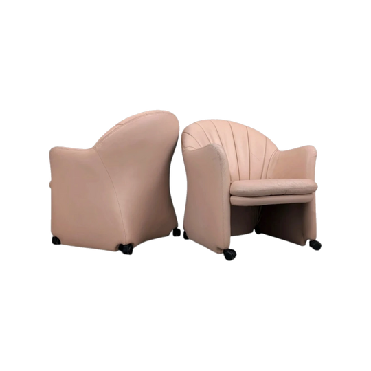 Late 1980s Shell-Back Leather Club Chairs on Castors, Blush Beige