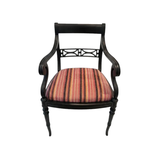 Regency-Style Black Painted Armchair with Bespoke Multi-Coloured Striped Upholstery