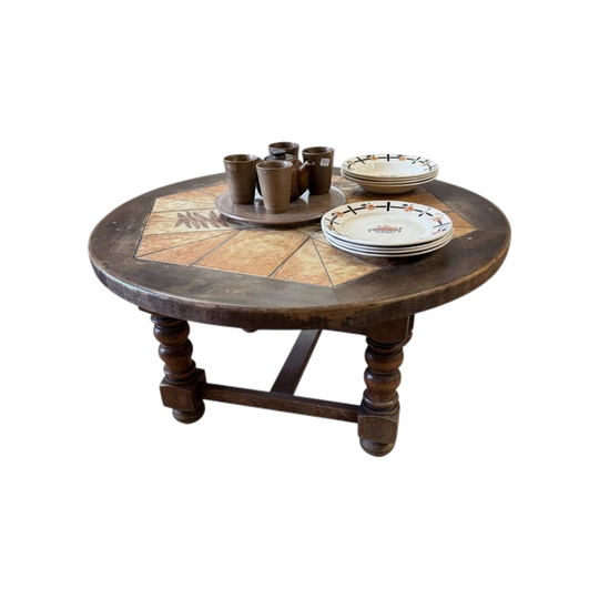 Roger Capron Round Coffee Table, Vintage French Ceramic and Oak, Vallauris Leaf-Impressed Motifs