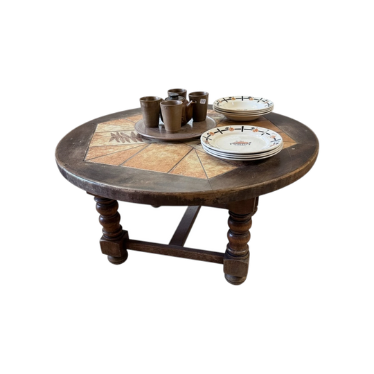 Roger Capron Round Coffee Table, Vintage French Ceramic and Oak, Vallauris Leaf-Impressed Motifs