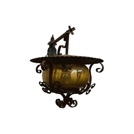 French Iron and Coloured Glass Outdoor Wall Lantern Sconce