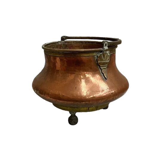 Antique Copper Cauldron with Single Brass Handle and Brass Feet – Fireplace Coal Scuttle