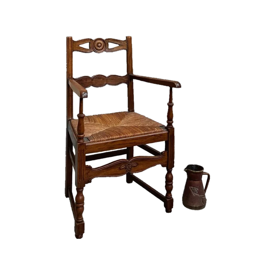 Mid-Century Rustic Beech Armchair with Hand-Woven Straw Seat and Carved Backrest Motif