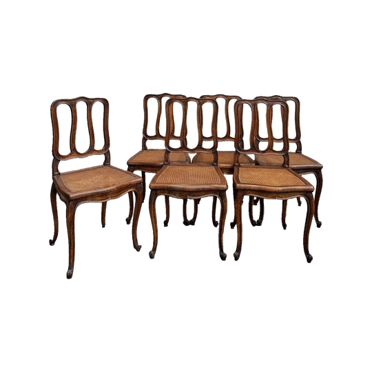 Set of Six Antique French Louis XV Style Oak Dining Chairs with Cane Seats, Late 19th Century