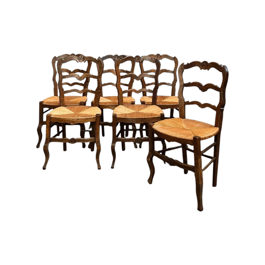 French Provincial Louis XV Style Oak Ladder-Back Dining Chairs with Rush Seats, Set of Six