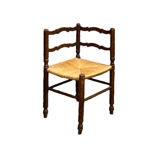 French Mid-20th Century Corner Chair in Solid Wood with Woven Rush Seat