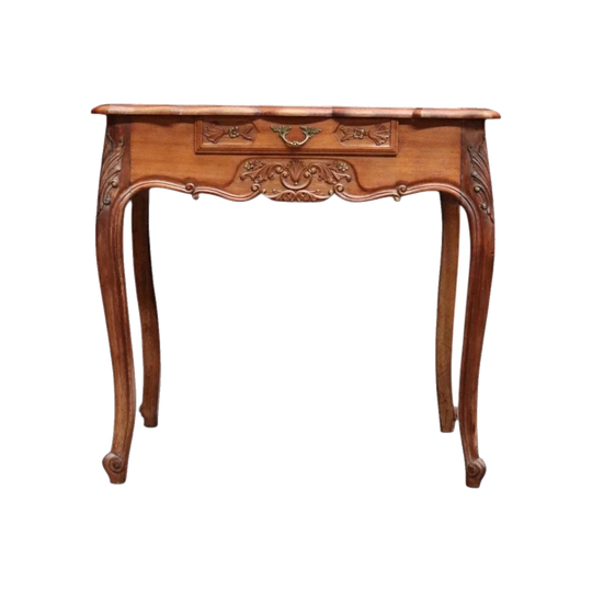 Vintage French Walnut Single-Drawer Side, Hall or Lamp Table with Carved Floral Detailing, c.1940 (B12754)