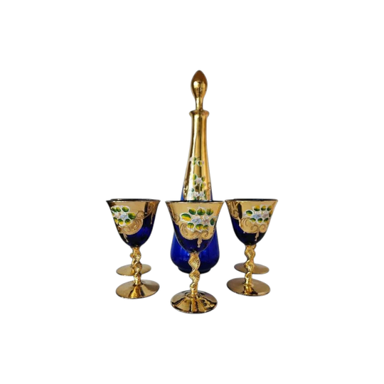 1950s Murano Cobalt Blue Glass Decanter and Five Wine Glasses, Hand-Painted with 24K Gold Leaf