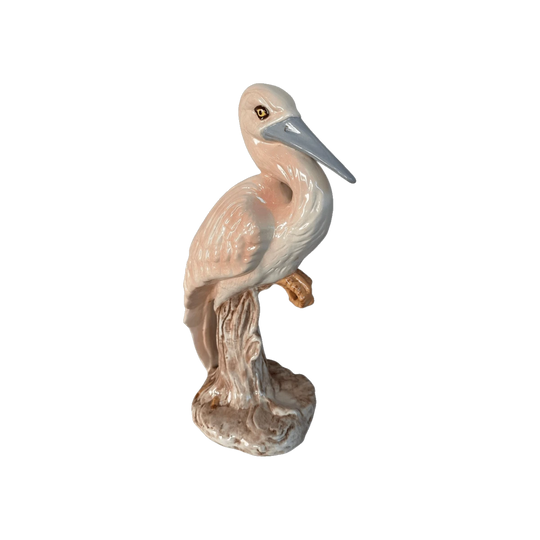 Vintage Ceramic Heron Sculpture | Large Gloss Glazed Wading Bird Figurine | Coastal Regency Decor in Blush Pink & Ivory