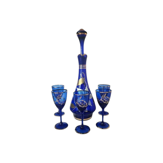 Bohemia Czechoslovakia Blue Hand-Blown Glass Decanter and Five Port Glasses, Gold-Gilded