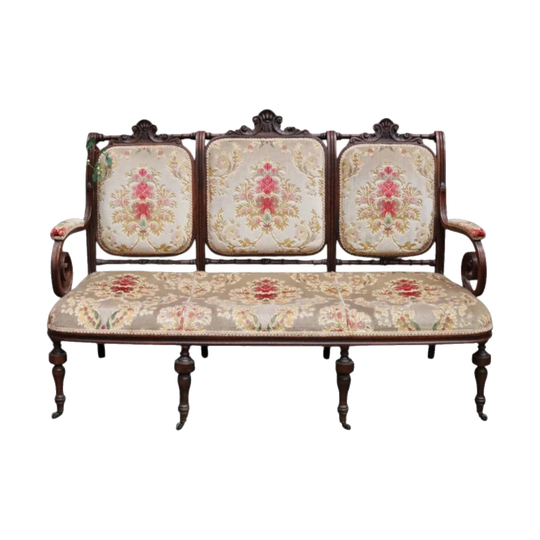 Antique French Oak 3 Seat Settee Chaise Upholstered Palour Lounge