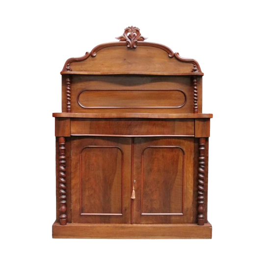 Antique English Mahogany 2 Door Barley Twist Columns Arched Panels with Carved backboard