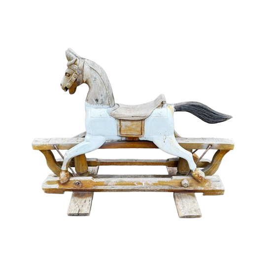 Antique Roebuck Carved Wooden Rocking Horse on Sturdy Wooden Frame