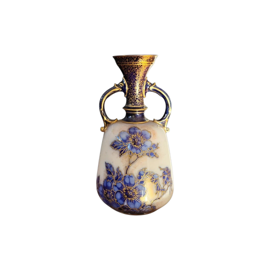 Antique Doulton Burslem Hand-Painted Flow Blue Twin-Handled Vase, Art Nouveau Blossom, c.1900