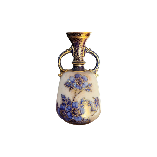 Antique Doulton Burslem Hand-Painted Flow Blue Twin-Handled Vase, Art Nouveau Blossom, c.1900