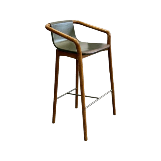 SP01 Thomas Bar Stool by Tim Simon – Solid Ash, Draped Leather Seat and Backrest, Wraparound Armrest