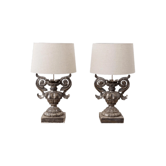 Pair of Italian Silver Jesso Lamps, 40 cm H (Shades Not Included)