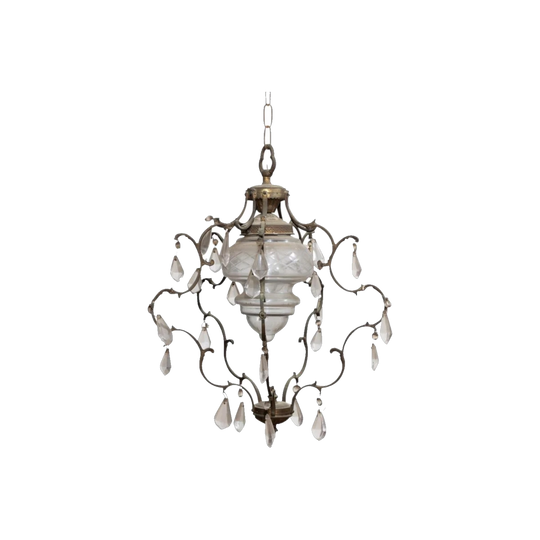 French 19th-Century Bronze Single-Light Chandelier with Crystal Drops