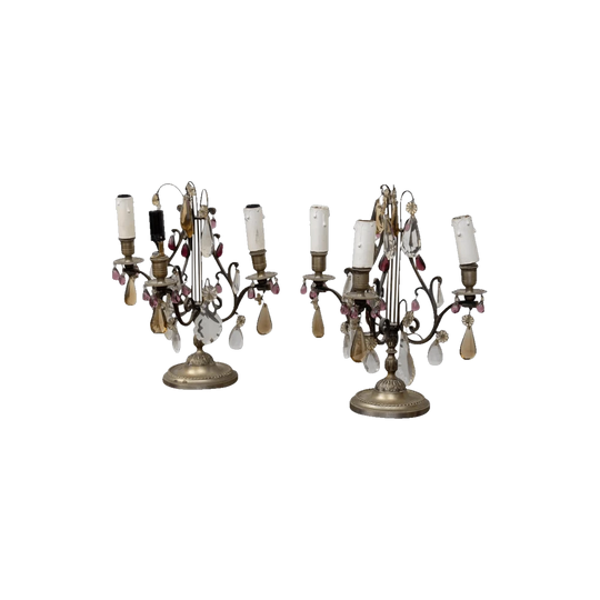 Pair of French 19th-Century Girandoles with Amethyst and Clear Crystal Drops