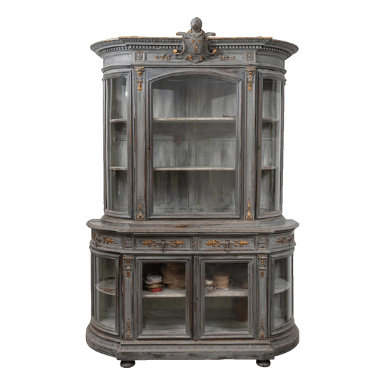 French 19th-Century Pharmaceutical Cabinet with Swivel Drawers and Curved Glass