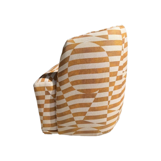 Golden Graphic Reupholstered Vintage Occasional Armchair – 100% Printed Heavyweight Linen, Ochre Stripes on Ivory