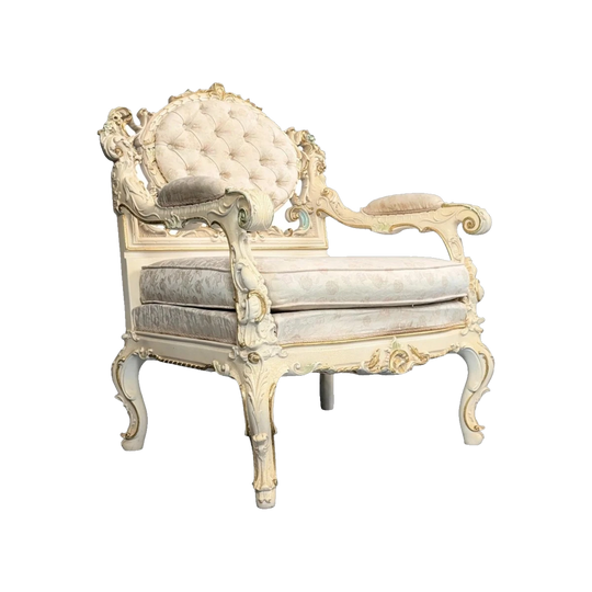 Hand-Carved Italian Armchair by Silik in Ivory Crackle Lacquer with Gilt Highlights