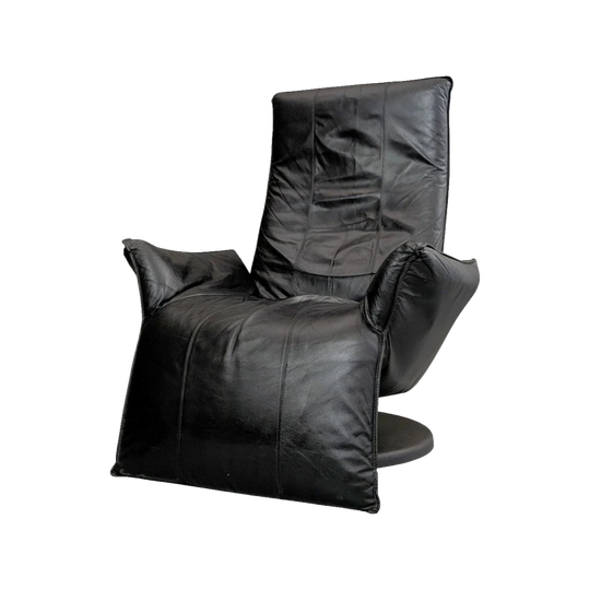Mid-Century Continental European Black Leather Swivel Recliner