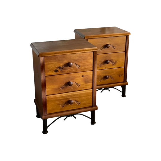 Pair of solid timber carved bedsides with twisted metal base
