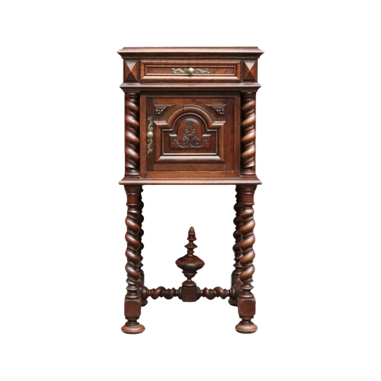 Anrique French Walnut Bedside Table with Marble and Barley twist legs B13018