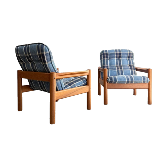 Restored Domino Møbler Armchairs – Blue Plaid Mid-Century Set (Rediscover)