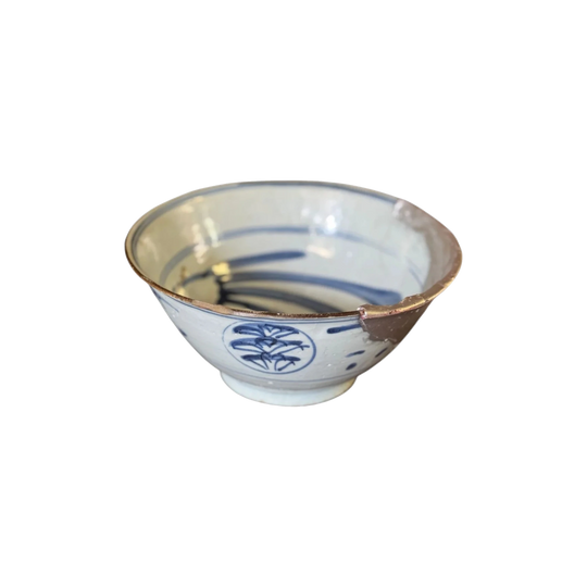 Antique Handpainted Oriental Bowl with Silver Kintsugi Repair