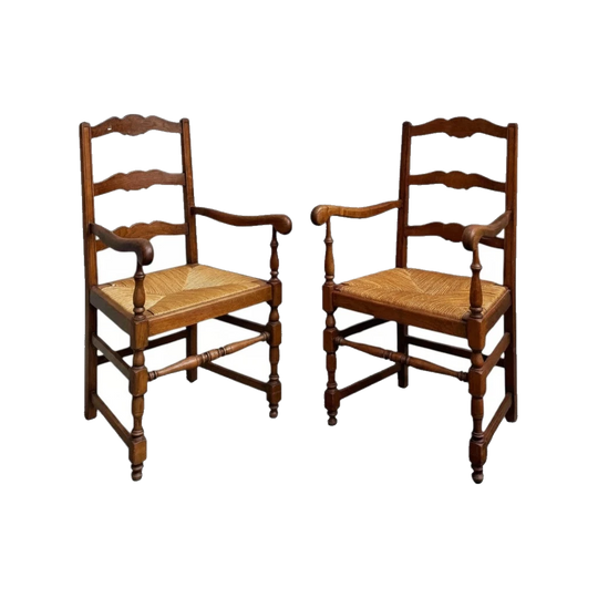 Pair of French Provincial Oak Ladderback Carver Armchairs with Hand-Woven Rush Seats